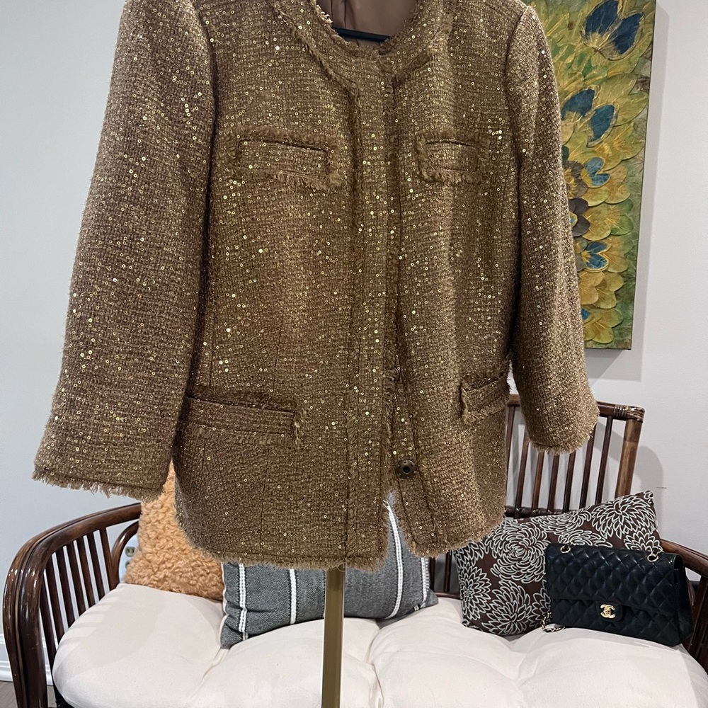 Chico's Gold Metallic Tweed Collarless Jacket
